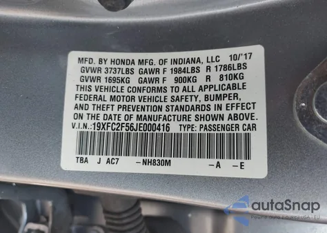 2018 Honda Civic Lx z USA, uszkodzony, nr VIN 19XFC2F56JE000416